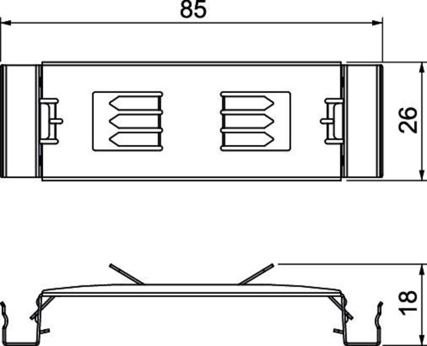 Technische Zeichnung eines rechteckigen Objekts, beschriftet mit '85'. Beinhaltet mehrere Pfeile, die die Luftströmung im oberen Abschnitt anzeigen, mit Anschlüssen an jeder Seite.