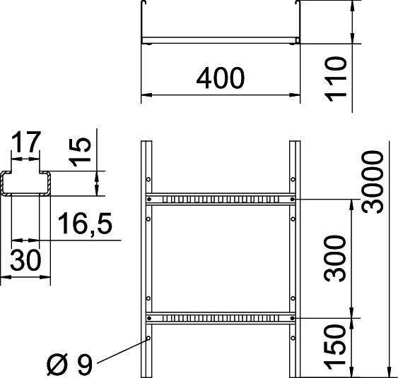 Technische Zeichnung eines Metallregals mit Abmessungen: 400 mm Breite, 3000 mm Höhe, 300 mm Regalabstand und 15 mm Materialstärke; detaillierte Schnittansicht enthalten.