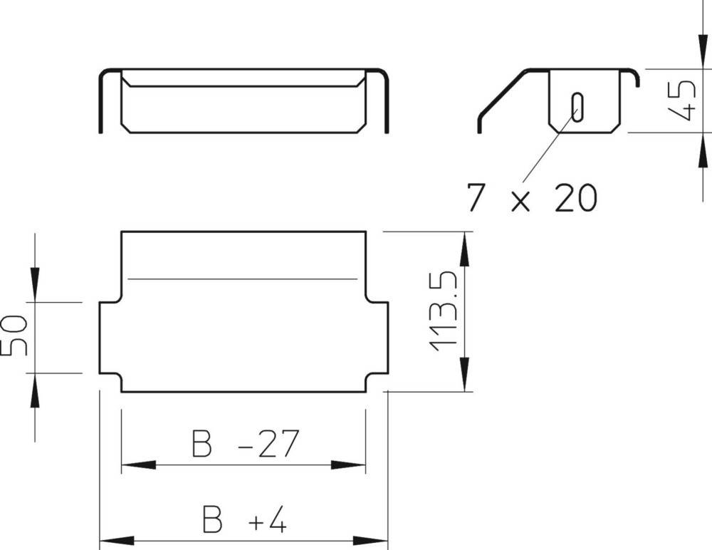 Technische Zeichnung eines Objekts mit beschrifteten Abmessungen, einschließlich einer Gesamthöhe von 113,5 Einheiten und einer markierten Tiefe von 7 x 20 Einheiten.