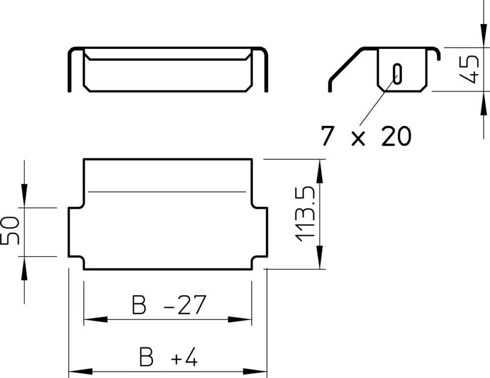 Technische Zeichnung mit Abmessungen eines mechanischen Bauteils. Das Bauteil hat ein rechteckiges Profil mit detaillierten Maßangaben: 113,5 entlang einer Seite, 7 × 20 Ausschnitt und gekennzeichnet B ±4 und B -27 für Breiteneinstellungen.