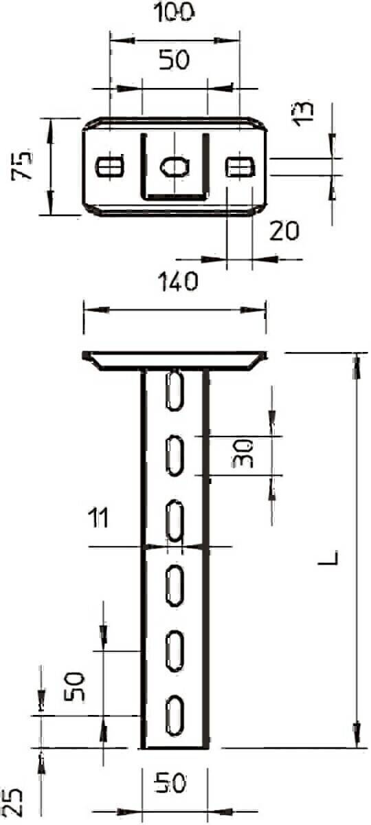 Eine Darstellung eines Metallträgers mit Abmessungen: Breite oben 140, Höhe 30, vertikale Länge 11.