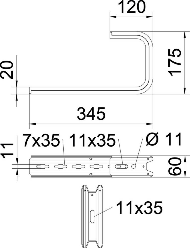 Technische Zeichnung eines Metallhalters: Seitenansicht zeigt Abmessungen von 345 mm Länge, 175 mm Höhe und 20 mm Breite; Draufsicht zeigt Löcher für Schrauben.