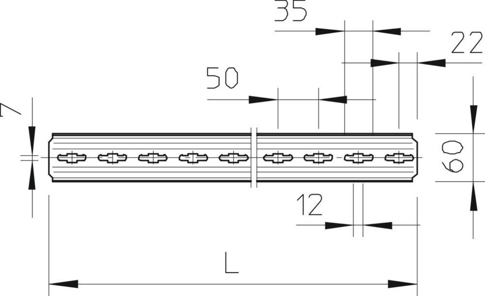 Technische Zeichnung eines Geländerabschnitts mit angegebenen Maßen: Länge ist L, Querschnitt beträgt 50 mm x 35 mm und ein Abstand von 12 mm ist dargestellt.
