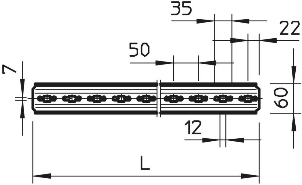 Technische Zeichnung eines strukturellen Elements mit Maßangaben: 50 und 35 Einheiten horizontal, 12 Einheiten vertikal; mit 'L' bezeichnet.