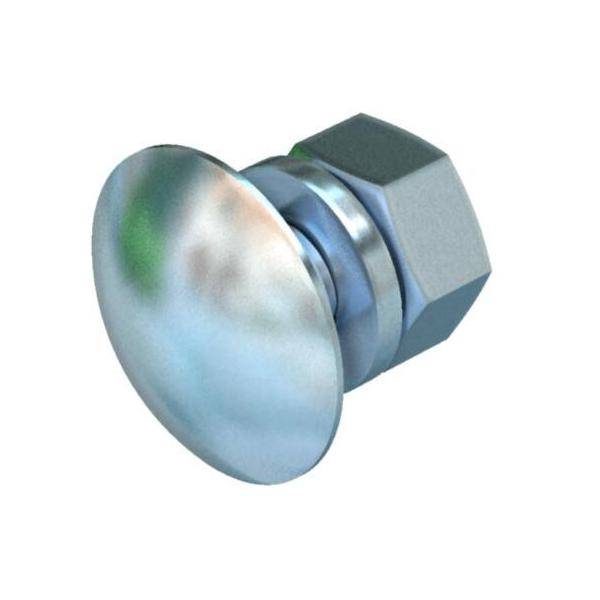 Eine gerundete Stahlschraube mit Schlossschraubenkopf, glatter, gewölbter Oberfläche und Mutter, die üblicherweise für Holzarbeiten oder Metallverbindungen verwendet wird.