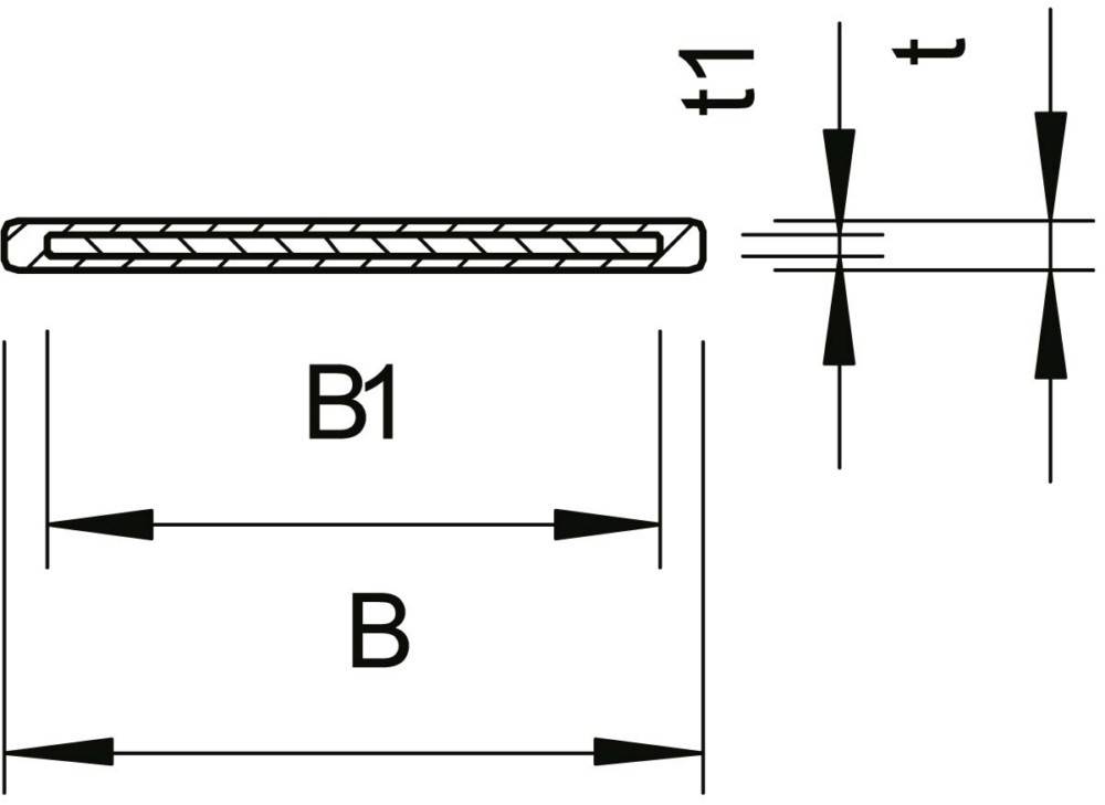 Diagramm eines rechteckigen Objekts mit beschrifteten Abmessungen: 'B1' und 't' stellen die Dicke dar, 'B' ist die Länge.