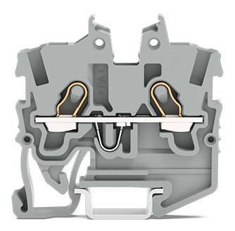 Seitenansicht eines grauen elektrischen Anschlussblocks, die die internen Metallkontakte und Anschlusspunkte zeigt, verwendet für sichere Kabelverbindungen.