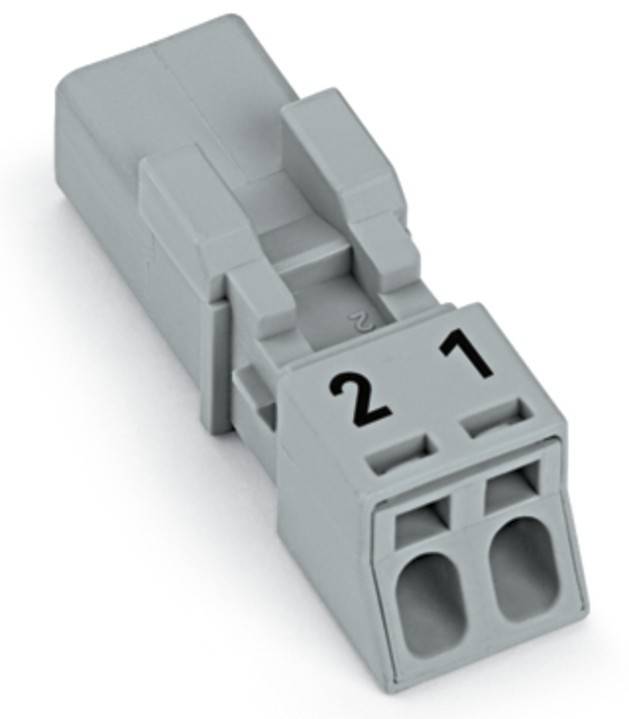 Ein grauer Terminalblockverbinder mit den Ziffern '1' und '2', der zwei Löcher für elektrische Anschlüsse aufweist.