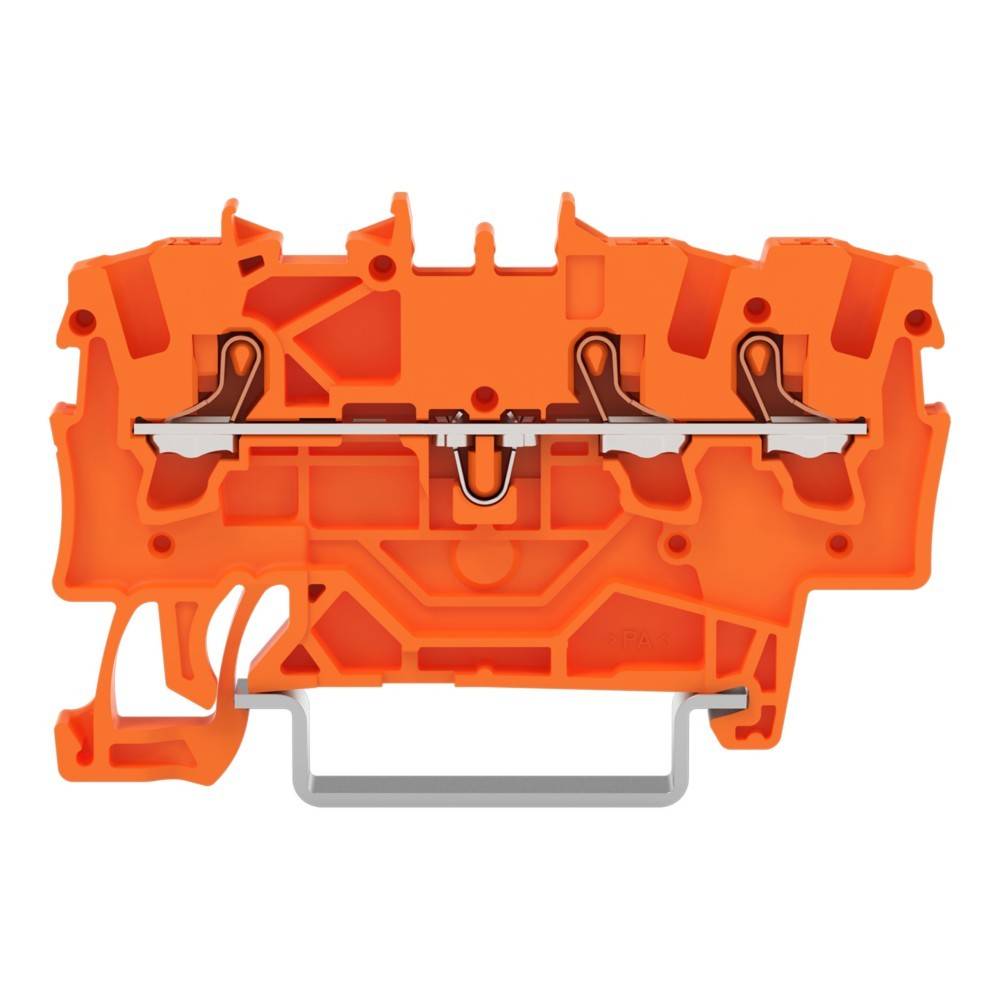 Orangefarbener elektrischer Klemmenblock, Schnittansicht mit Darstellung der Innenkomponenten zum Anschluss von elektrischen Leitungen, mit Metall- und Kunststoffteilen.