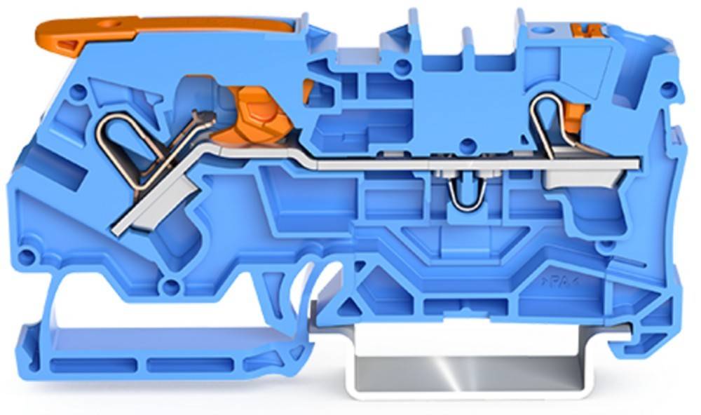 Querschnitt einer mechanischen Vorrichtung, die Innenkomponenten und Pfade zeigt, hauptsächlich in Blau und Orange, und strukturelle Details veranschaulicht.
