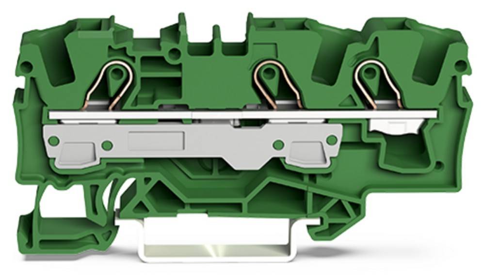 Ein grüner Anschlussblock mit Metallklemmen und einem Klemmenmechanismus. Er wird in Elektrotafeln zum Befestigen und Verbinden von Leitungen verwendet.