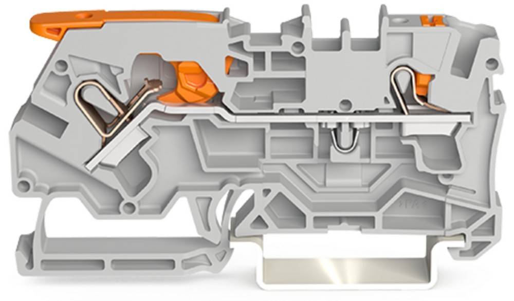 Eine Querschnittsansicht einer komplexen mechanischen Vorrichtung, die interne Komponenten und Strukturen zeigt, einschließlich Zahnräder und Schaltkreise.