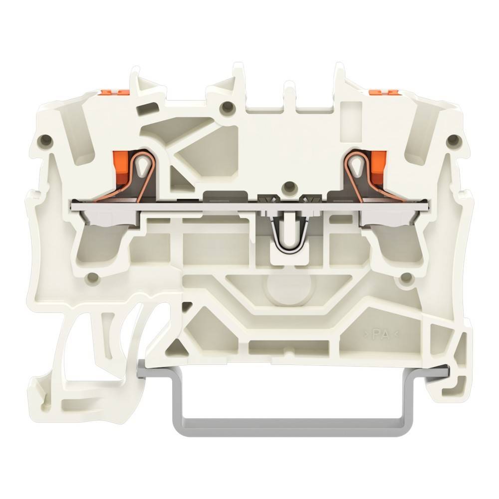 Ein weißer Durchgangsverbinder mit sichtbaren internen Verbindungen, ausgestattet mit zwei Hebeln und einem orangen Akzent, entwickelt zum Sichern von elektrischen Leitungen.