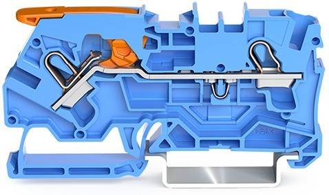 Querschnitt eines blauen Kunststoff- und Metallmechanismus, der Innenkomponenten und Leitpfade zeigt, mit Fokus auf den orangefarbenen Abschnitt.