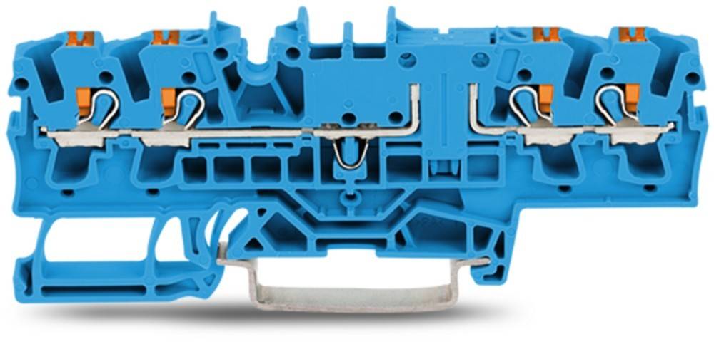 Ein blauer modularer Verbinder oder Klemmblock mit mehreren Anschlusspunkten und einer metallischen Kontaktschiene wird vor einem weißen Hintergrund gezeigt.