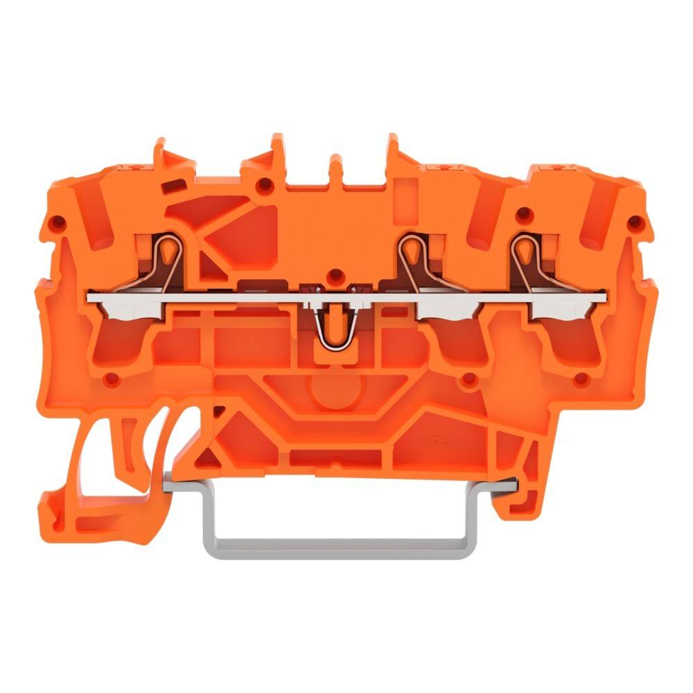Ein orangefarbener elektrischer Anschlussklemmenblock mit internen Metallverbindern, der sein komplexes Kunststoffgehäuse und seine strukturelle Konstruktion zeigt.