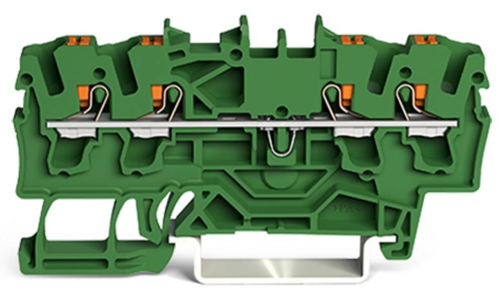 Ein grüner Klemmenblock mit zwei orangefarbenen Hebelverbindern, der für die Verkabelung elektrischer Schaltkreise verwendet wird, in einer Seitenansicht dargestellt.