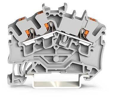 Querschnitt einer grauen mechanischen Komponente mit orangefarbenen Details, die die interne Struktur und Verbindungen für elektrische Anwendungen veranschaulicht.