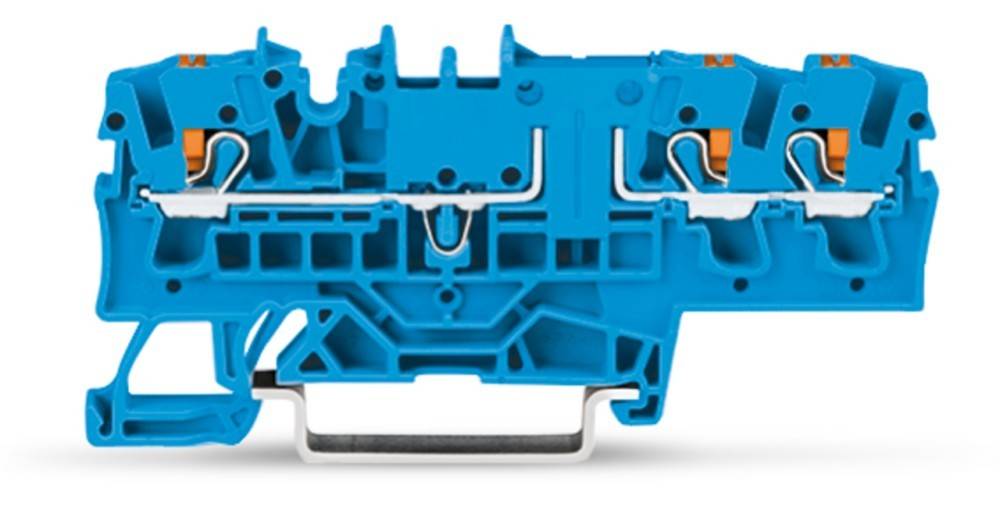 Ein blauer elektrischer Anschlussblock mit metallischen Kontakten und Befestigungszubehör, verwendet für Verdrahtung und Schaltungsverbindungen.