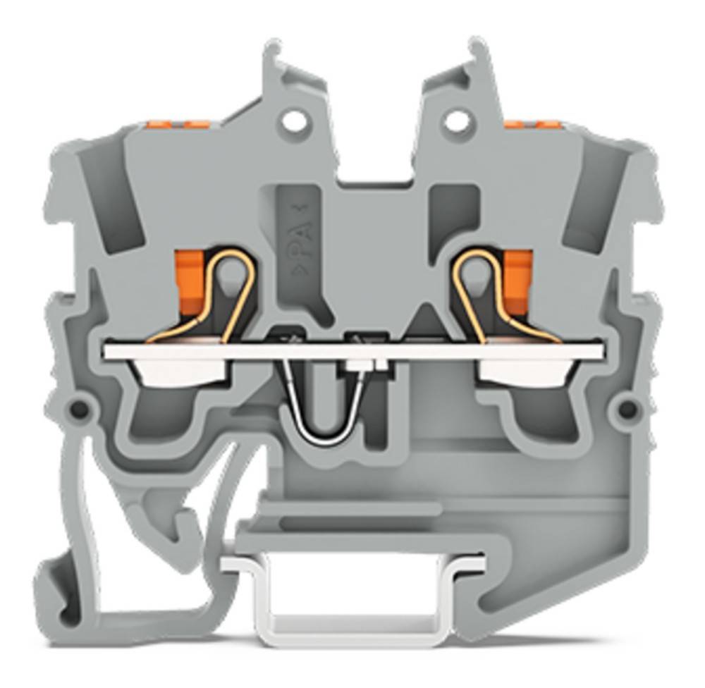 Schnittansicht eines elektrischen Klemmenblockes, die die internen Komponenten einschließlich Metallkontakte und orangefarbene Hebel für Drahtverbindungen zeigt.