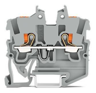 Querschnitt eines grauen elektrischen Anschlussklemmenblocks mit internen Metallleitern und orangefarbenen Steckklemmen.