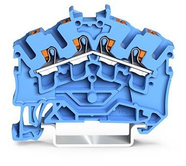 Querschnittsansicht eines elektrischen Klemmenblockes in Blau, die Innenkomponenten einschließlich orangefarbener Anschlüsse und silberner Schiene zeigt und elektrische Leitungswege verdeutlicht.