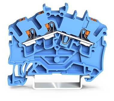 Eine Querschnittsdarstellung eines blauen industriellen Elektroklemmenblocks, die die internen Kupferverbindungen und die Gehäusestruktur zeigt.