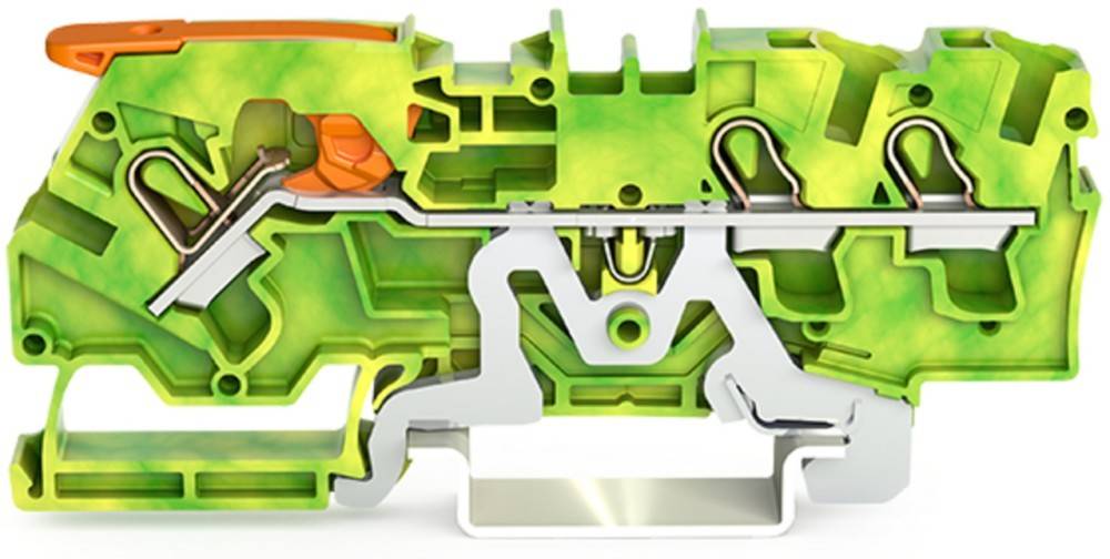 Querschnittsansicht eines Klemmblocks, die die interne Struktur und farbcodierte Komponenten zeigt, einschließlich Metallverbindern und Kunststoffgehäuse.