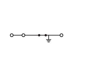 Elektrisches Schaltkreisdiagramm, das eine horizontale Linie mit vier Knoten zeigt. Der dritte Knoten ist mit einem Massesymbol unterhalb davon verbunden.