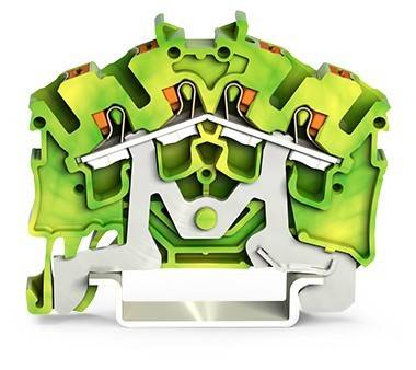 Ein Querschnitt eines grün-gelben Reihenklemmenblocks, der interne Komponenten und das Design zur Verbindung elektrischer Schaltkreise zeigt.