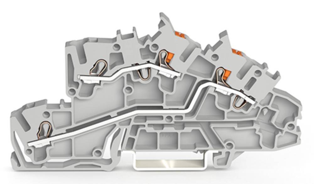 Querschnitt einer industriellen Maschinenkomponente, der interne Durchgänge und orange Teile zeigt, die einen Energie- oder Fluidkanal andeuten.