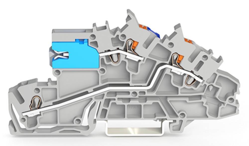 Querschnittsansicht eines komplexen mechanischen Bauteils, die interne Wege und Komponenten in Blau, Grau und Orange zeigt.