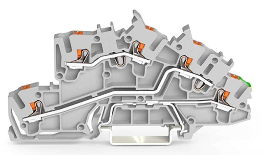 Querschnitt einer grauen und orangefarbenen Industriekomponente mit komplexen inneren Strukturen, die detaillierte Teile und Verbindungen präsentiert.