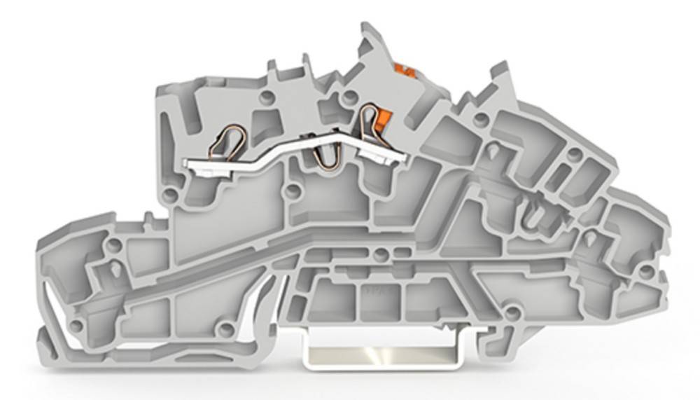Querschnitt einer mechanischen Komponente mit in Orange hervorgehobenen inneren Kammern und Durchgängen, die Durchfluss- oder Bewegungspfade anzeigen.