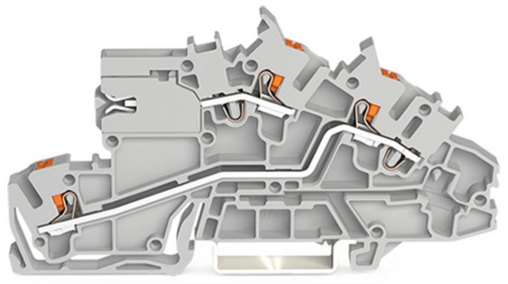 Querschnittsansicht einer komplexen mechanischen Komponente mit orange-weißen Elementen, die innere Durchgänge und Verbindungen veranschaulicht.
