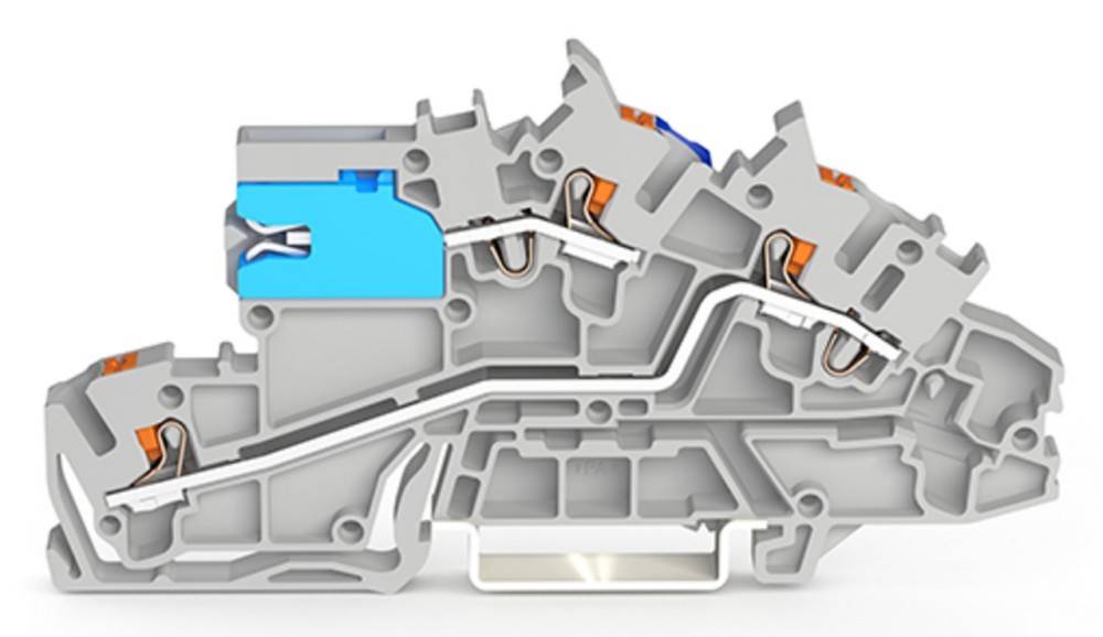Querschnittsansicht eines komplexen mechanischen Systems, das verschiedene interne Komponenten, Kanäle und Bereiche in unterschiedlichen Farben zeigt.