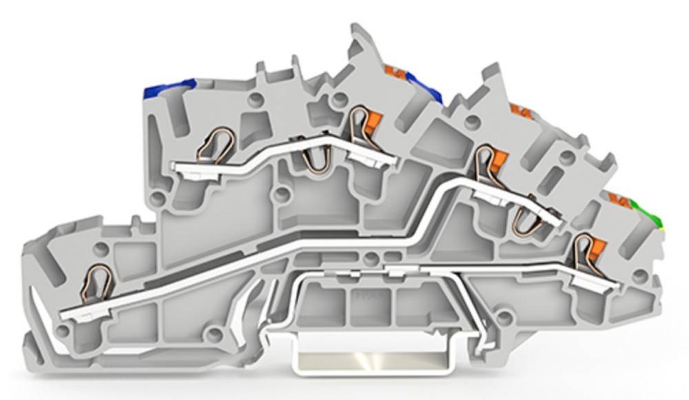 Querschnitt einer mechanischen Komponente mit komplizierten inneren Durchgängen und Strukturen, der Kupferkabel und orangefarbene Anschlüsse zeigt.