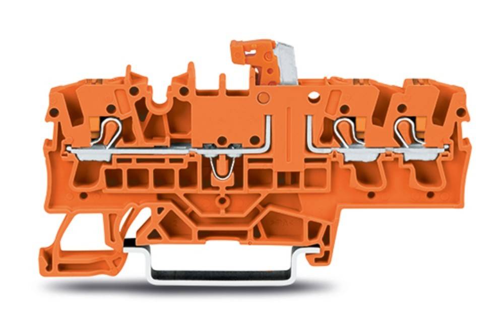 Querschnitt eines orangen Elektro-Klemmblockes, der komplexe interne Komponenten und Metallanschlüsse für Verdrahtungsverbindungen zeigt.