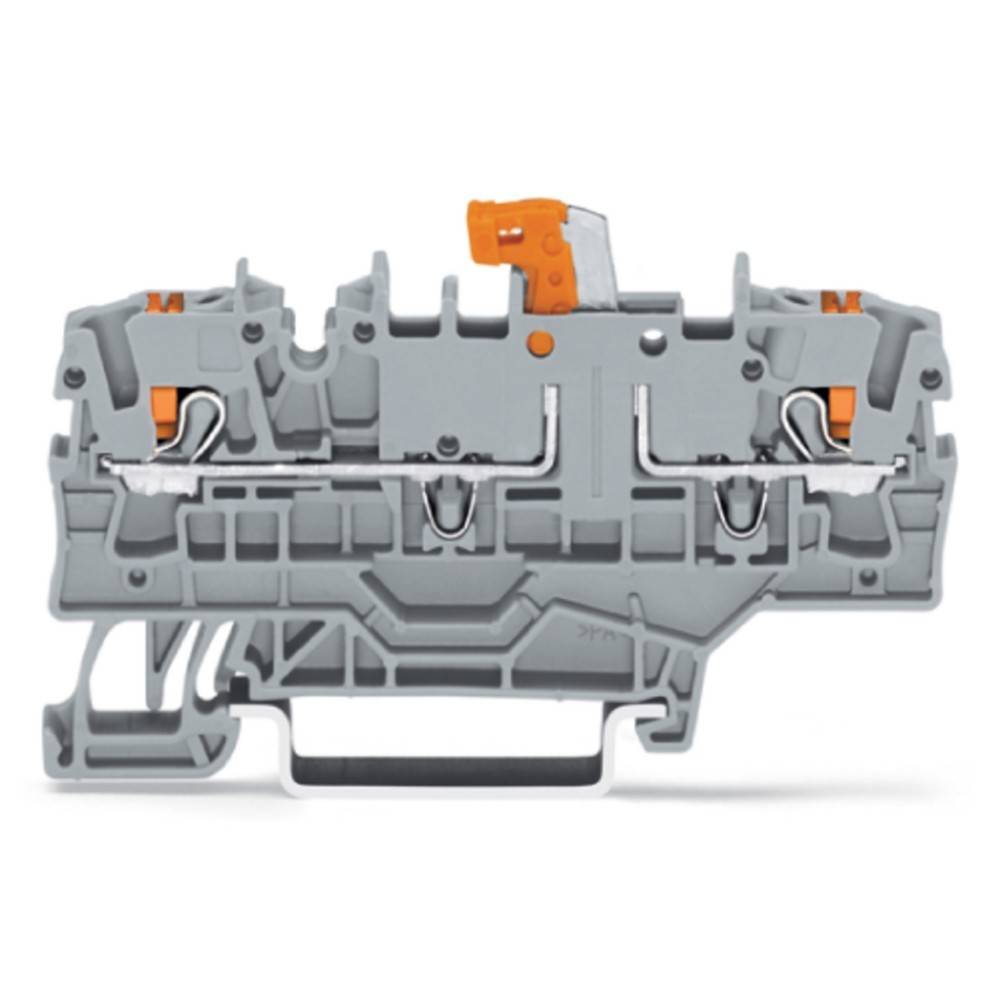 Ein grauer elektrischer Terminalblock mit orangefarbenen Hebeln für Drahtverbindungen, verwendet in industriellen Verdrahtungssystemen.