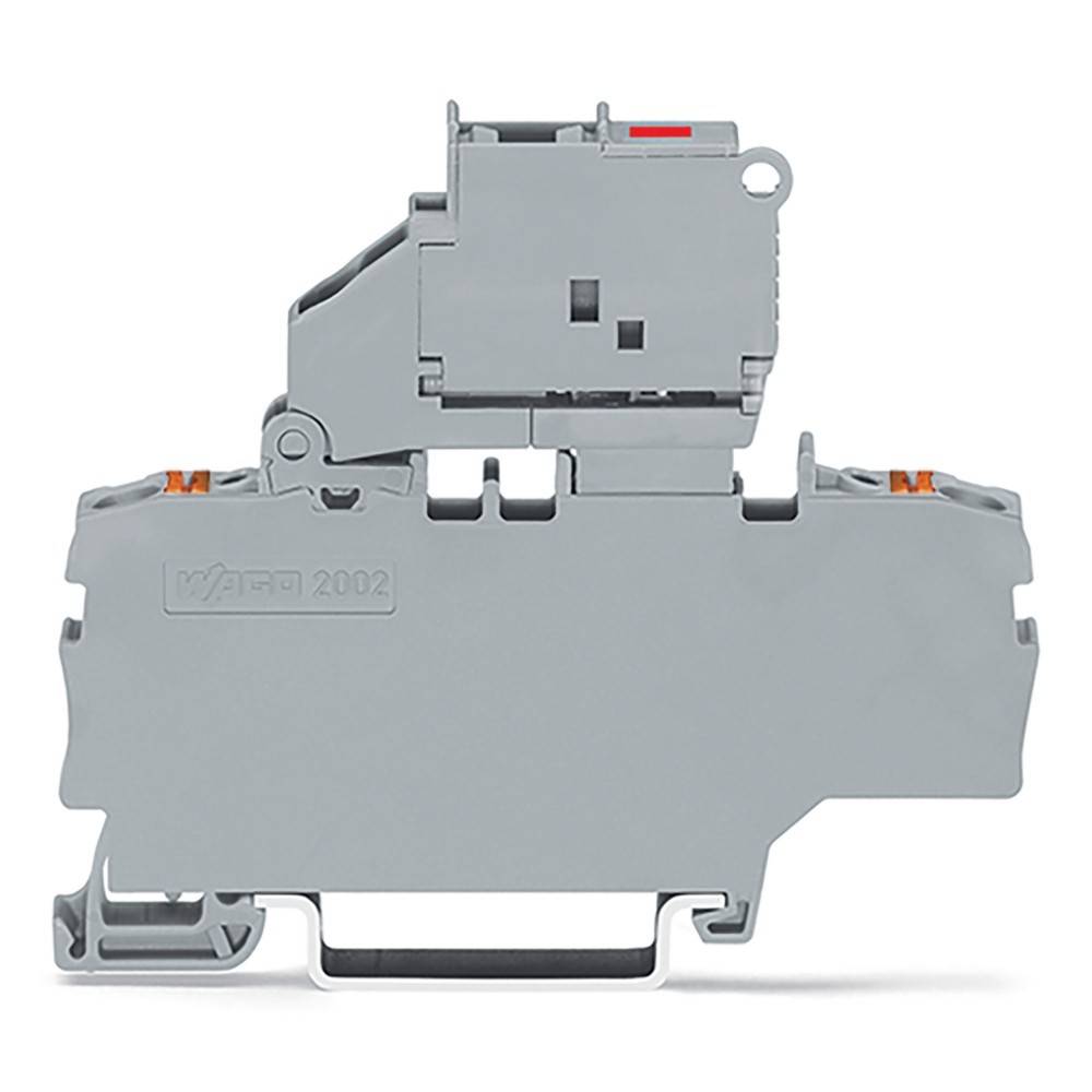 Grauer elektronischer Anschlussblock zur Leitungsverbindung, mit Schnappdesign und Entriegelungstaste, mit der Bezeichnung 'WAGO 2002'.