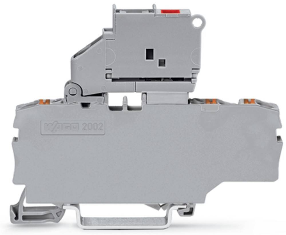 Ein grauer Kunststoff-Elektroverbinder mit einem einfachen Design wird gezeigt. Er verfügt über sichtbare Schlitze für Kabelanschlüsse und einen Klickmechanismus an der Oberseite.