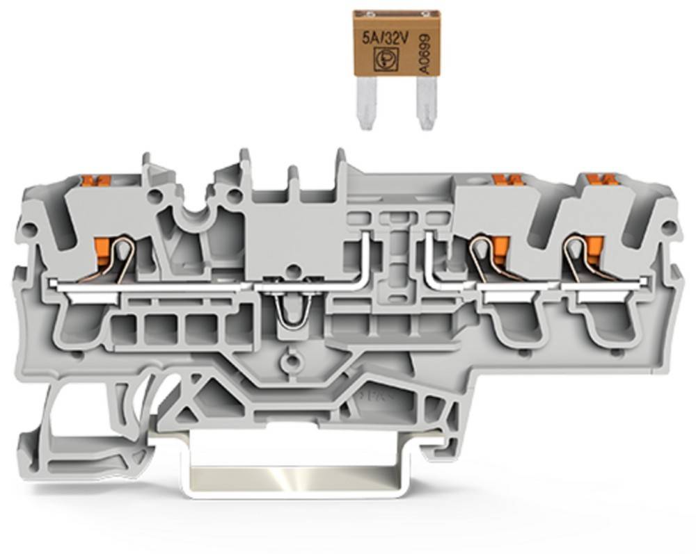 Ein Nahaufnahmebild einer elektrischen Komponente mit einer Querschnittsansicht, die interne Verbindungen offenlegt, und eine kleine rechteckige Sicherung, die mit '5A/32V' beschriftet ist.