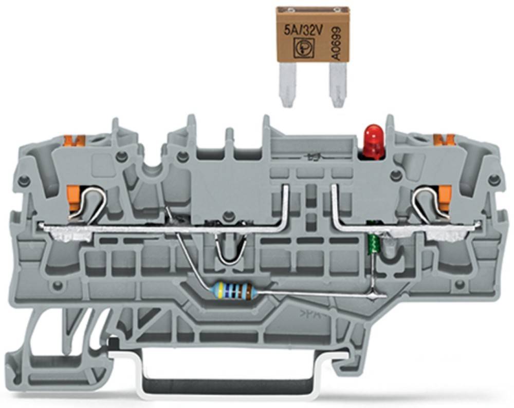 Ein grauer elektrischer Sicherungsautomat mit sichtbaren Innenkomponenten, einschließlich eines Widerstands und einer kleinen Sicherung mit der Markierung '5A/32V'.