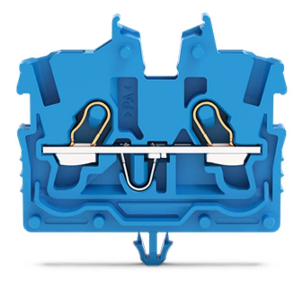 Ein blauer elektrischer Klemmenblock mit zwei freigelegten Metallverbindern, der verwendet wird, um elektrische Leitungen sicher und zuverlässig zu verbinden.