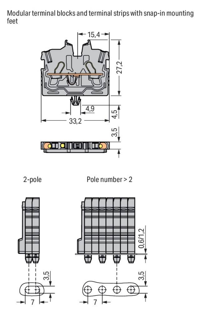 Elektrischer Klemmleistendiagramm mit Abmessungen: 27,2 x 33,2 mm in einer 2-poligen Konfiguration. Seitenansichten zeigen Höhendetails.