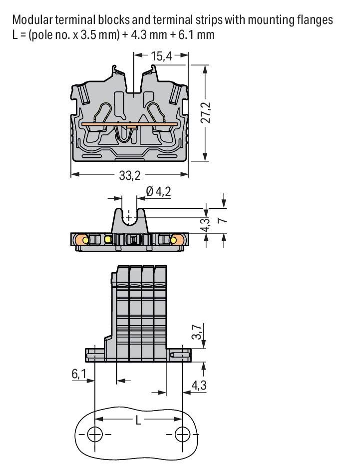 Technische Zeichnung eines elektrischen Steckverbinders, die Vorder-, Seiten- und Draufsicht mit Maßangaben zeigt. Wichtige Abmessungen sind 33,2 mm Breite und 27,2 mm Höhe.