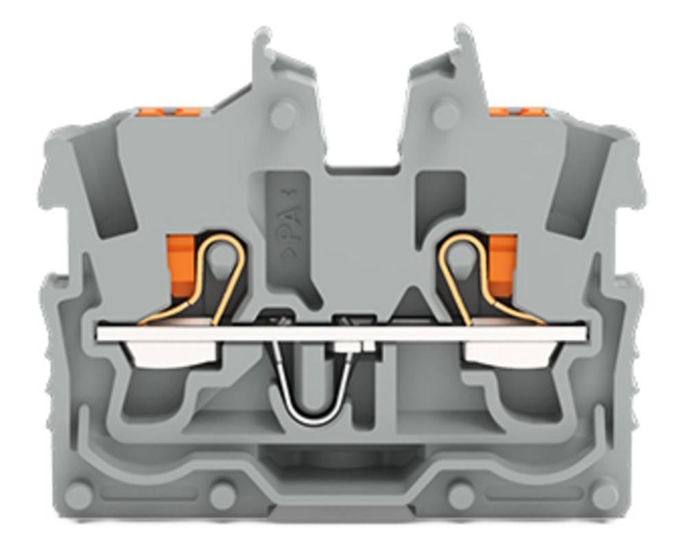 Ein grau-orangener elektrischer Anschlussblock mit schraubenlosen Verbindungen, der die interne Verkabelung und den Klemmmechanismus zeigt.