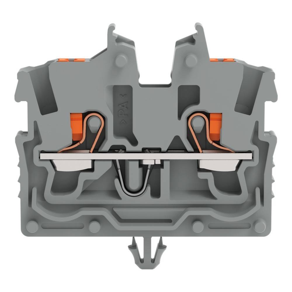 Ein grauer und orangefarbener Klemmblock mit zwei Anschlusspunkten, ausgestattet mit einem Klemmenmechanismus. Entwickelt für sichere elektrische Drahtverbindungen.