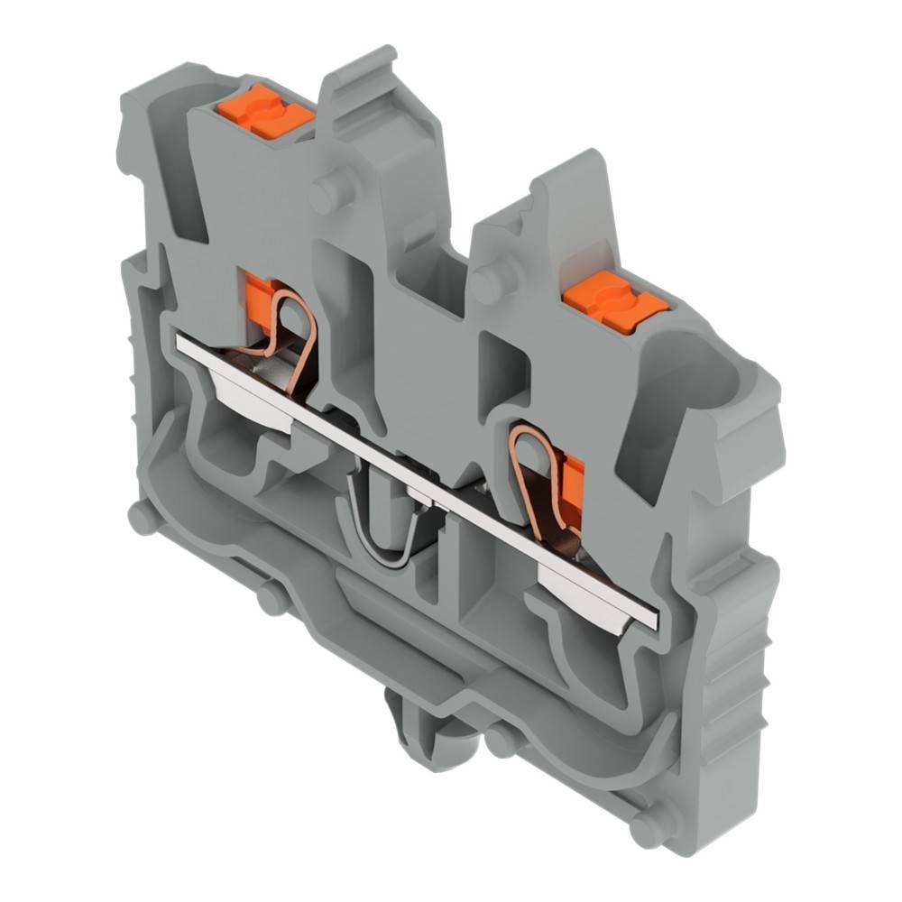 Ein grauer Klemmenblock mit orangefarbenen Hebeln und Metallklemmen, konzipiert für elektrische Verbindungen.