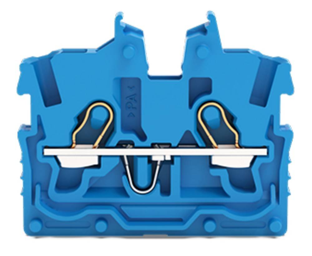 Ein blauer modularer Klemmblock mit sichtbaren Stromführungswegen, die elektrische Verbindungsfähigkeit anzeigen.